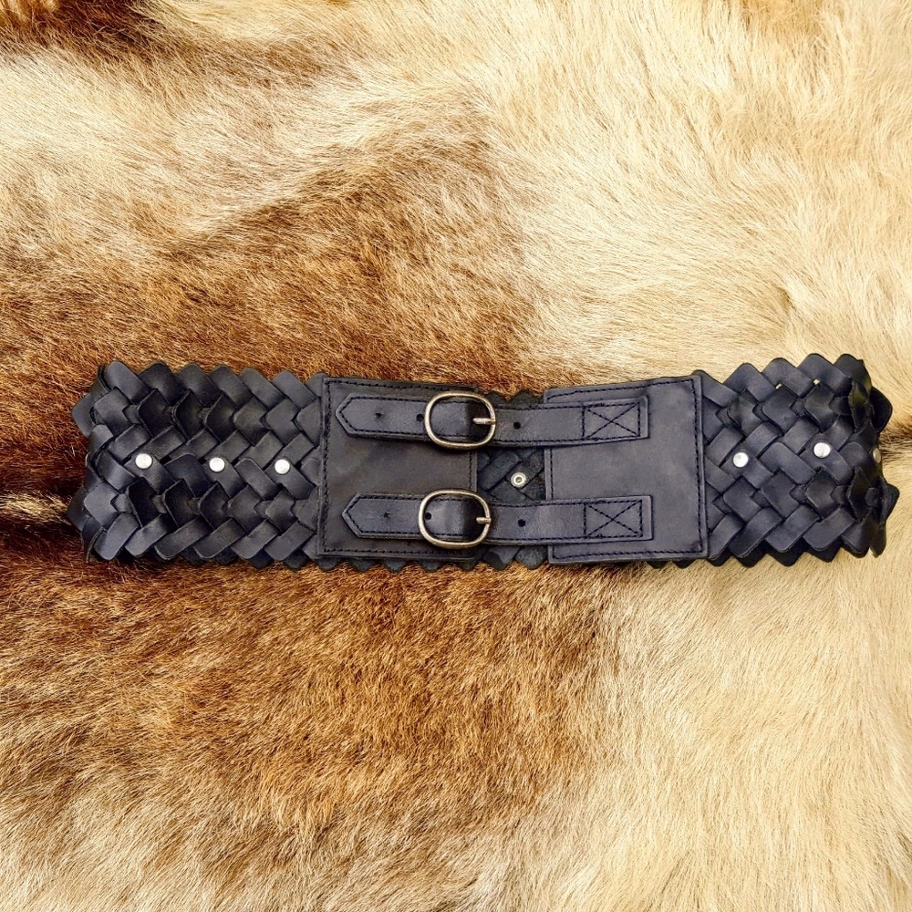 French Connection Blk Woven Leather Stud Belt NWOT